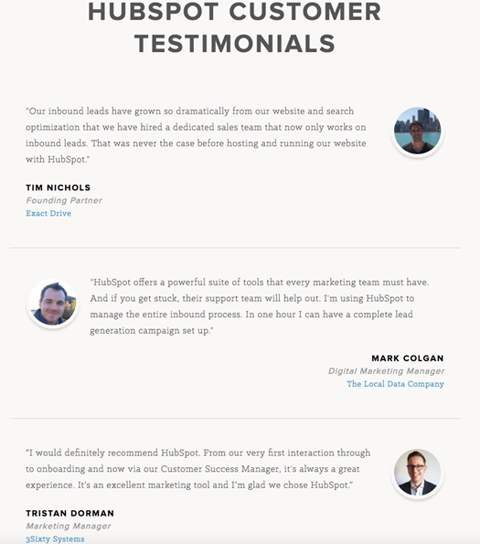 HubSpot的客戶評價頁面突出顯示了客戶積極正面的評價，給新的潛在客戶灌輸對HubSpot的信任。